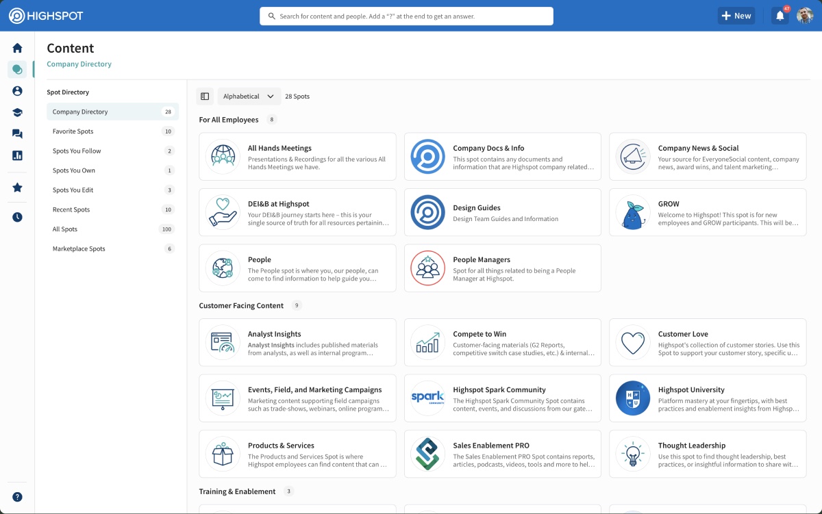 The refreshed Highspot content directory with standardized grid cards