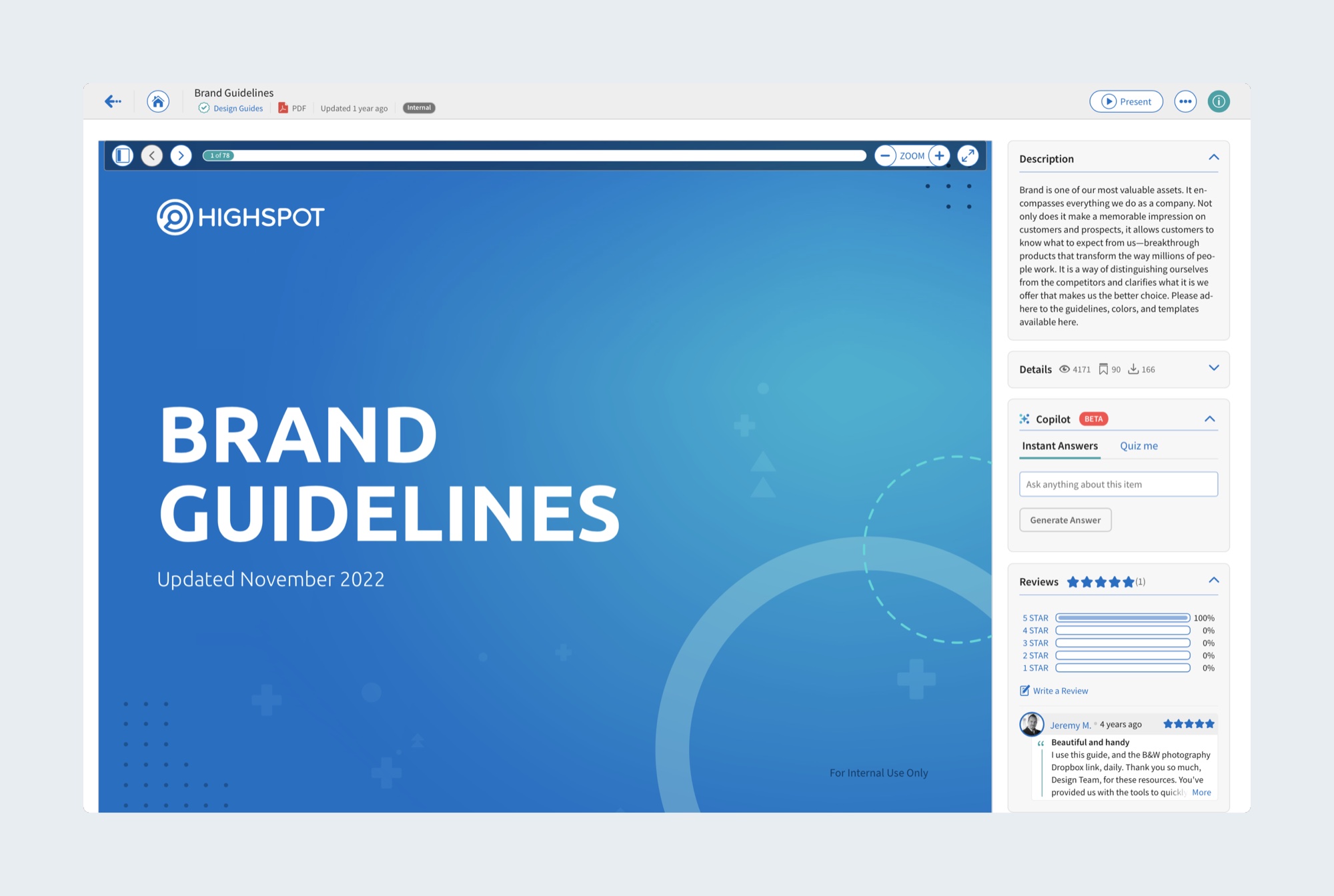 The legacy Highspot content viewer displaying a Brand Guidelines document