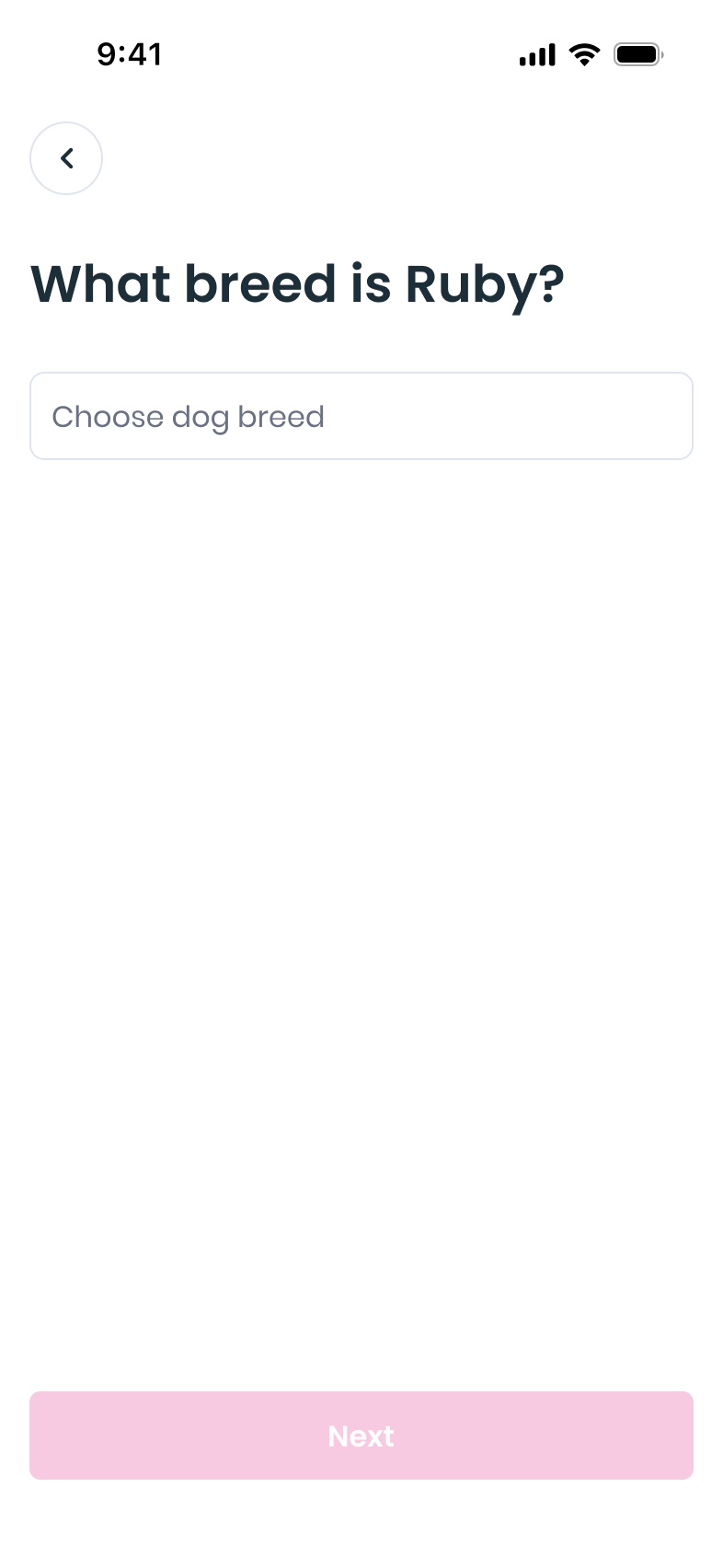 A Rosco onboarding screen asking, in a single clean question, what breed your dog is