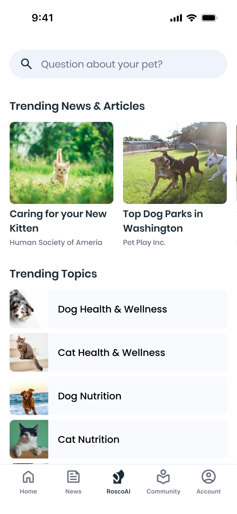 RoscoAI — a search screen to ask anything about your pet, with trending articles and topics