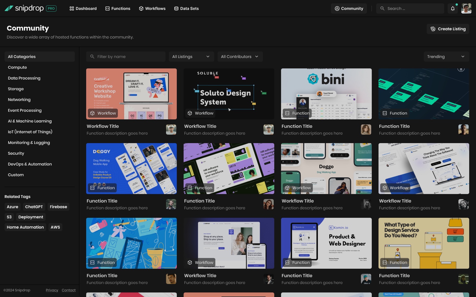 The Snipdrop community marketplace — a grid of hosted functions and workflows to discover
