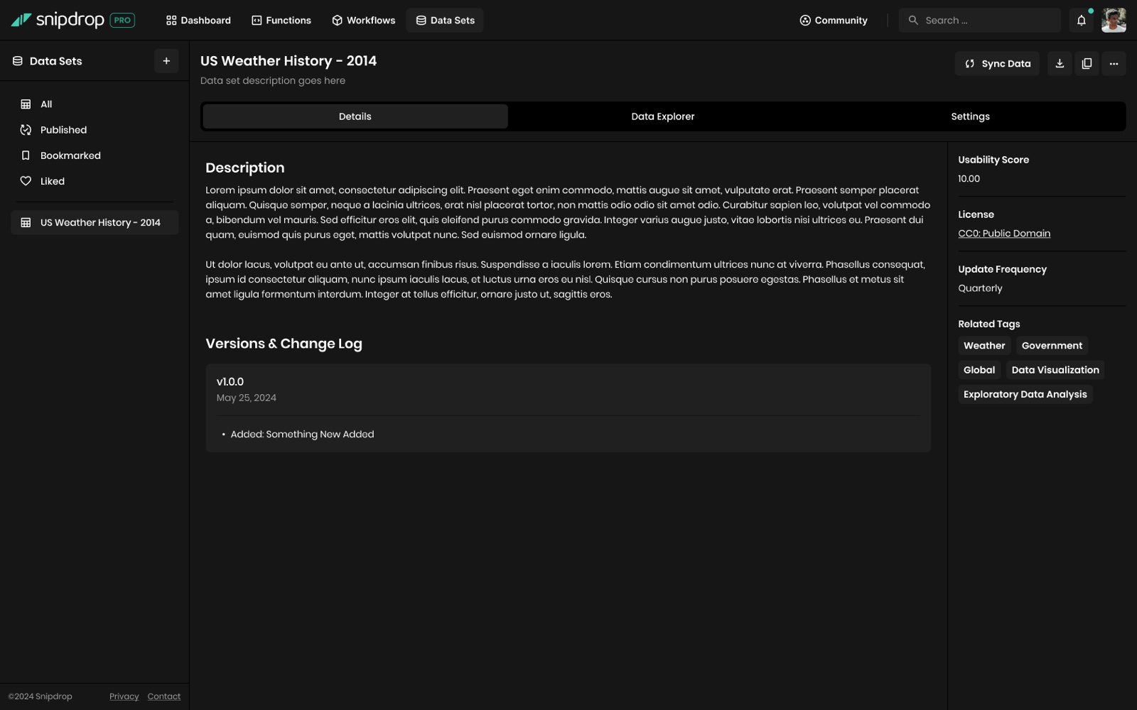 A Snipdrop dataset detail page with versioning, license, and tags