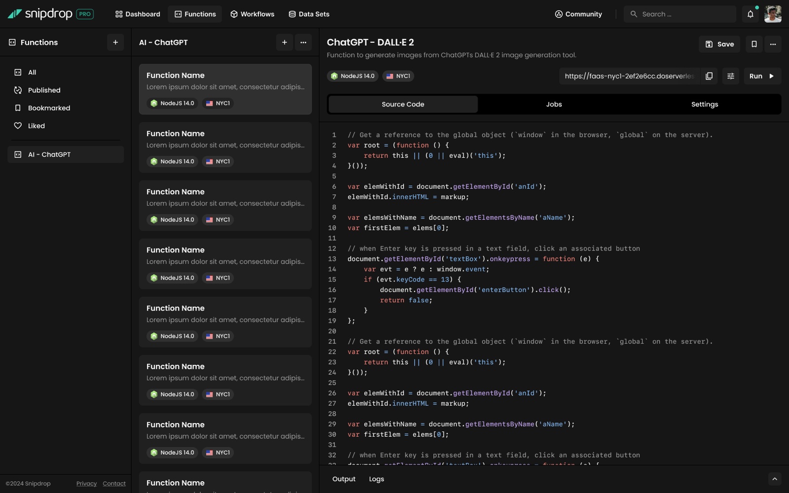 A Snipdrop function — source code, NodeJS runtime, region, and a callable endpoint with a Run button