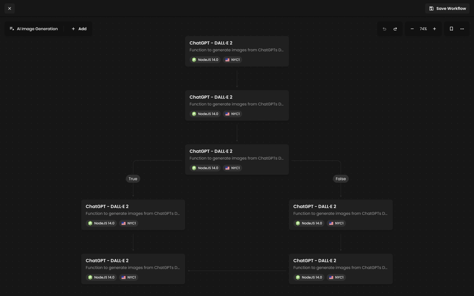 The Snipdrop workflow canvas, chaining functions into a branching flow