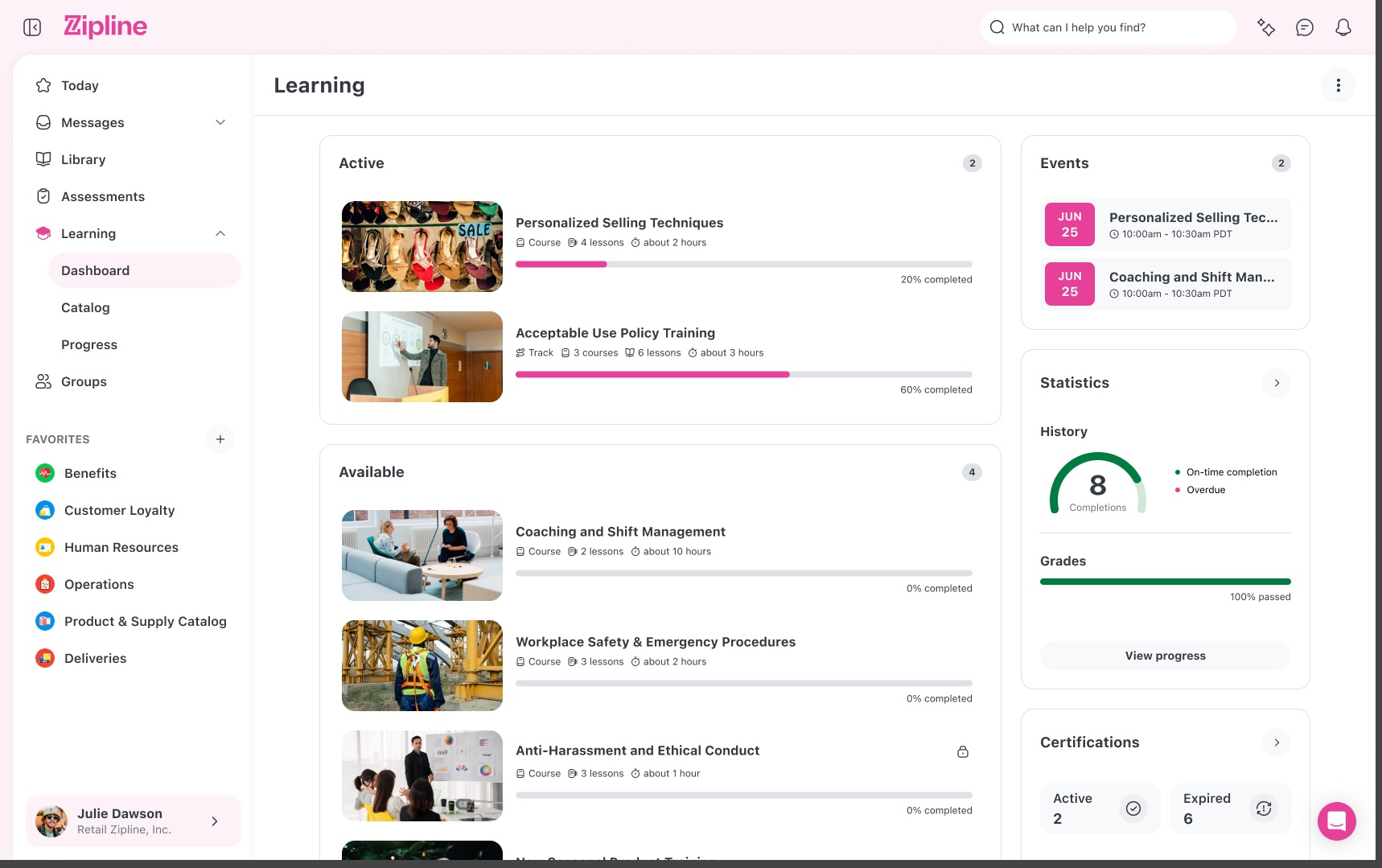The refreshed Zipline Learning view
