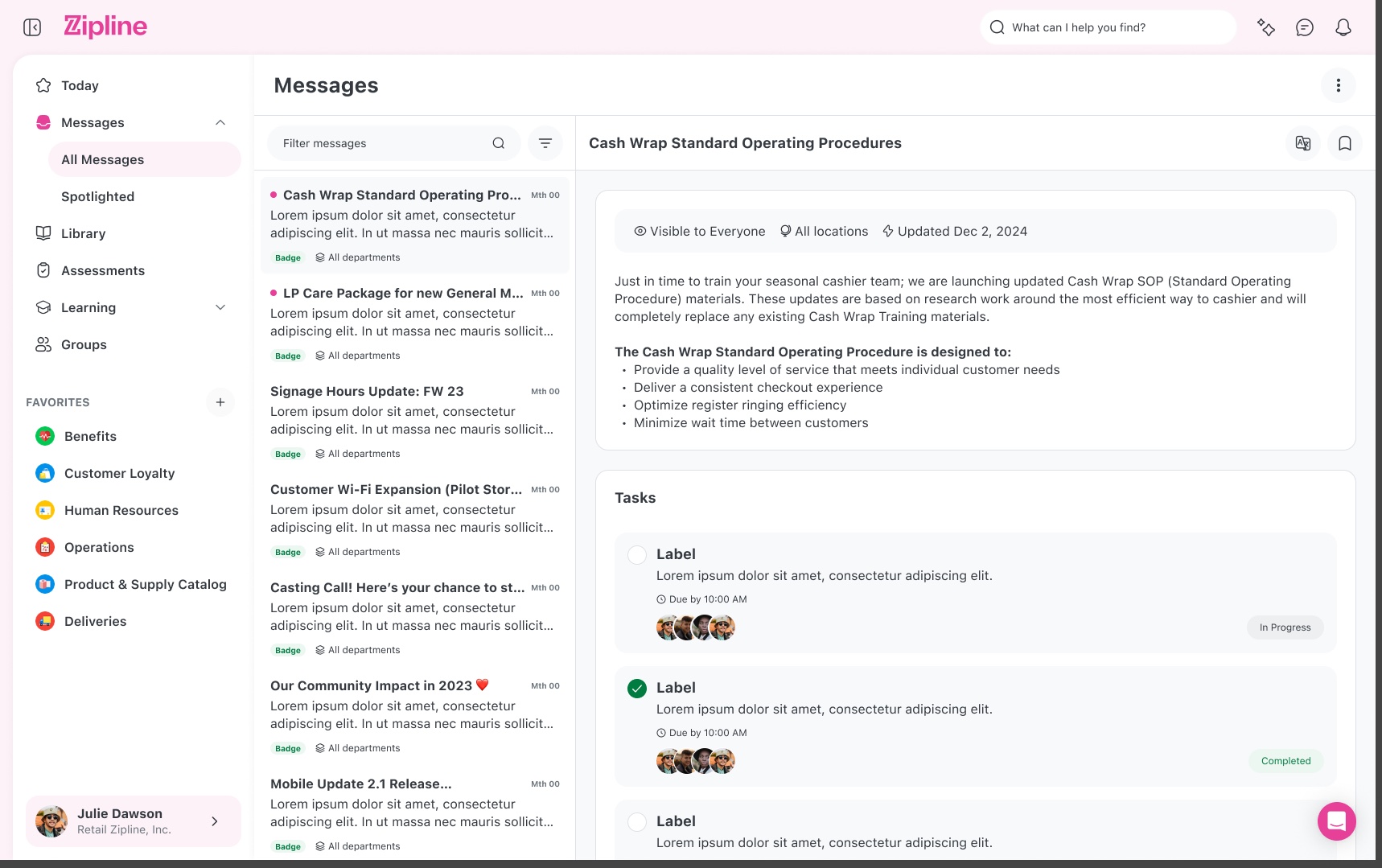 The refreshed Zipline Messages view